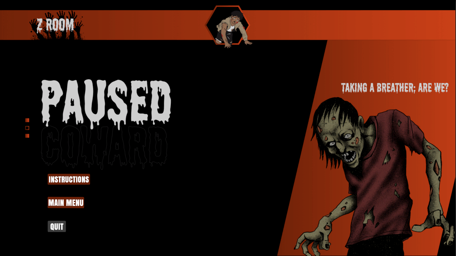 Pause menu screen with UI options to resume, view instructions, return to menu, or quit